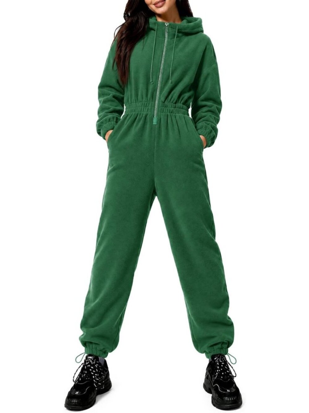 Cozy Women's Fleece Hooded Jumpsuit - Long Sleeve Zip-Up Overall Outfit